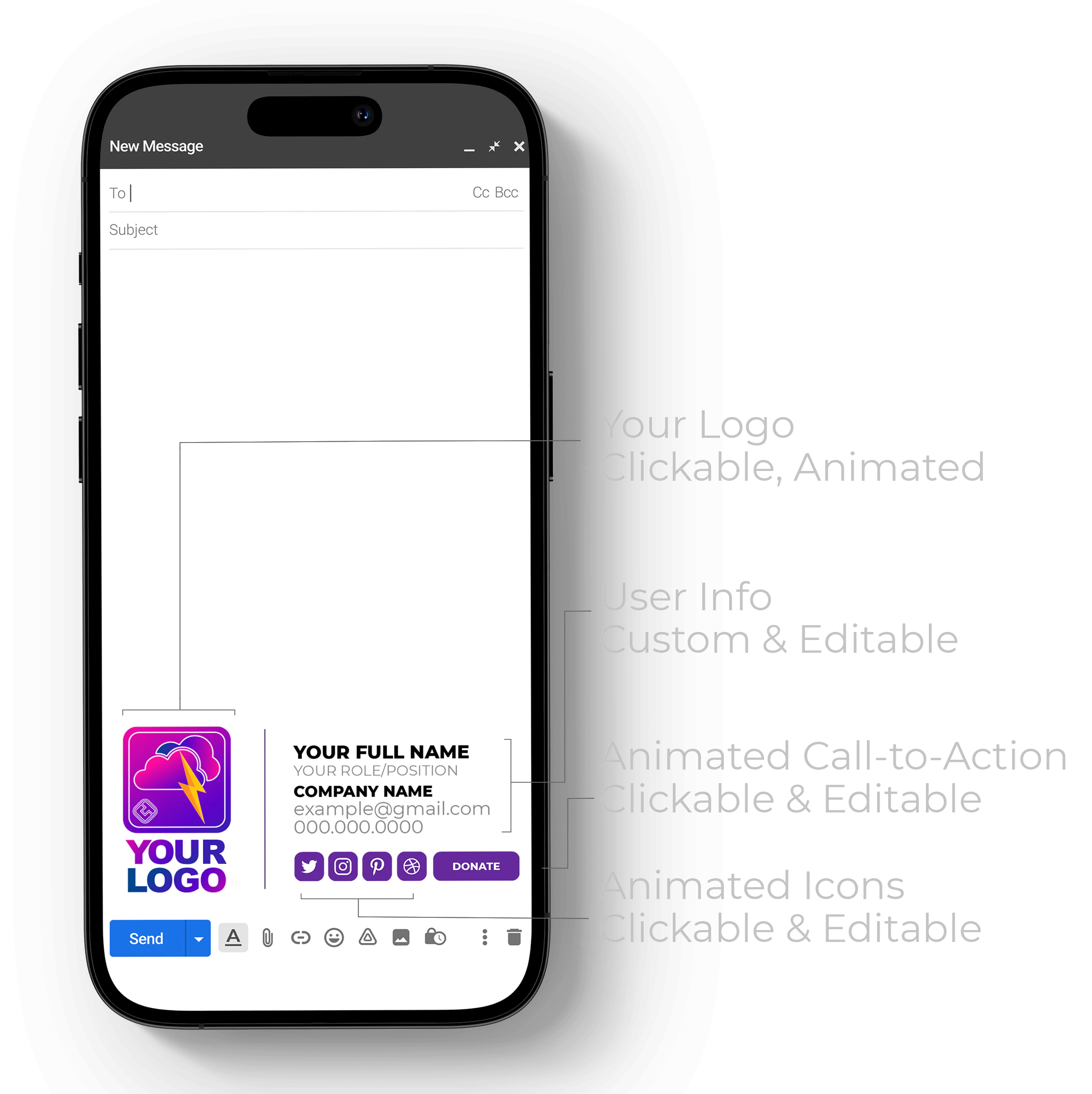 Interactive animated email signature displayed on a phone