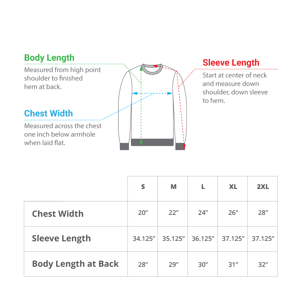 Crewneck sweatshirt size chart