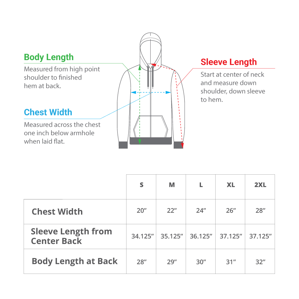 Full zip hoodie size chart